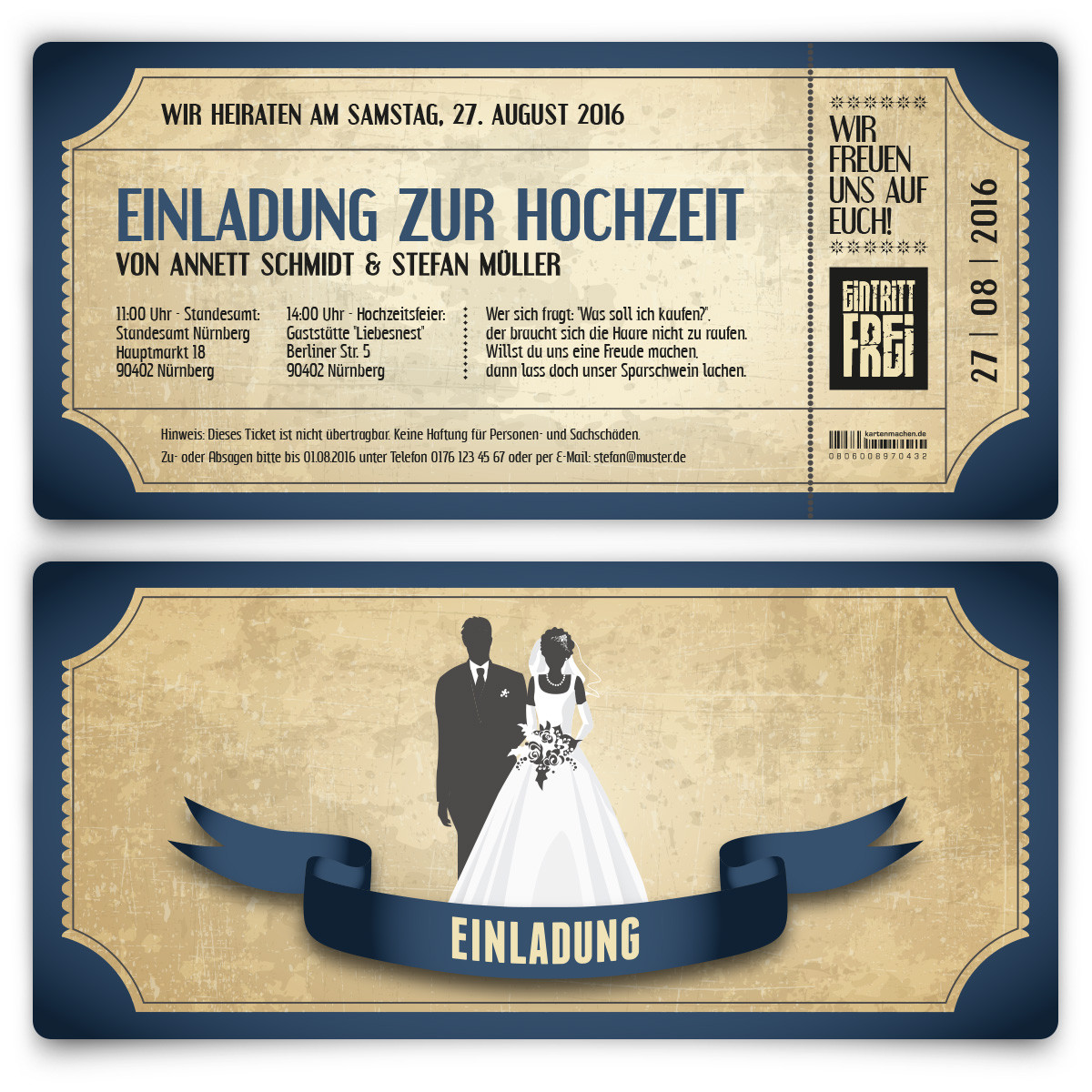 Vintage Einladungskarten Hochzeit
 Einladungskarten zur Hochzeit als Eintrittskarte im