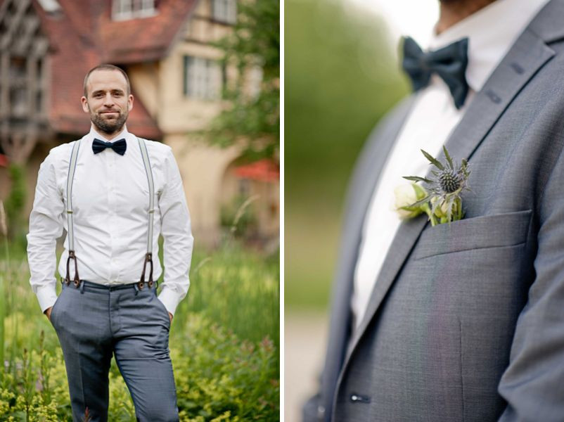 Vintage Mode Herren Hochzeit
 Details Hochzeitsanzug in graublau für einen Bräutigam