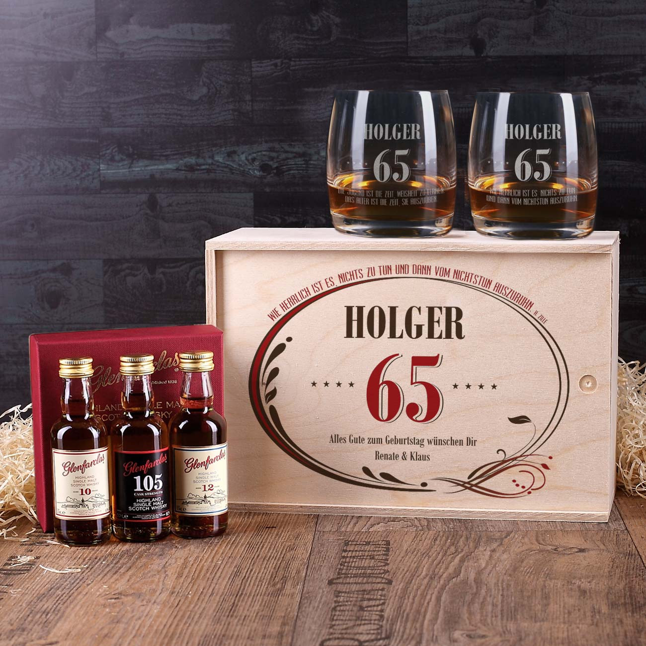 Whisky Geschenke
 Whisky Set zum 65 Geburtstag in personalisierter Holzbox