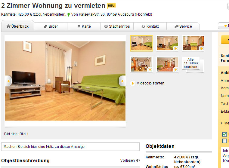 Wohnung Augsburg
 wohnungsbetrug 2 Zimmer Wohnung zu vermieten