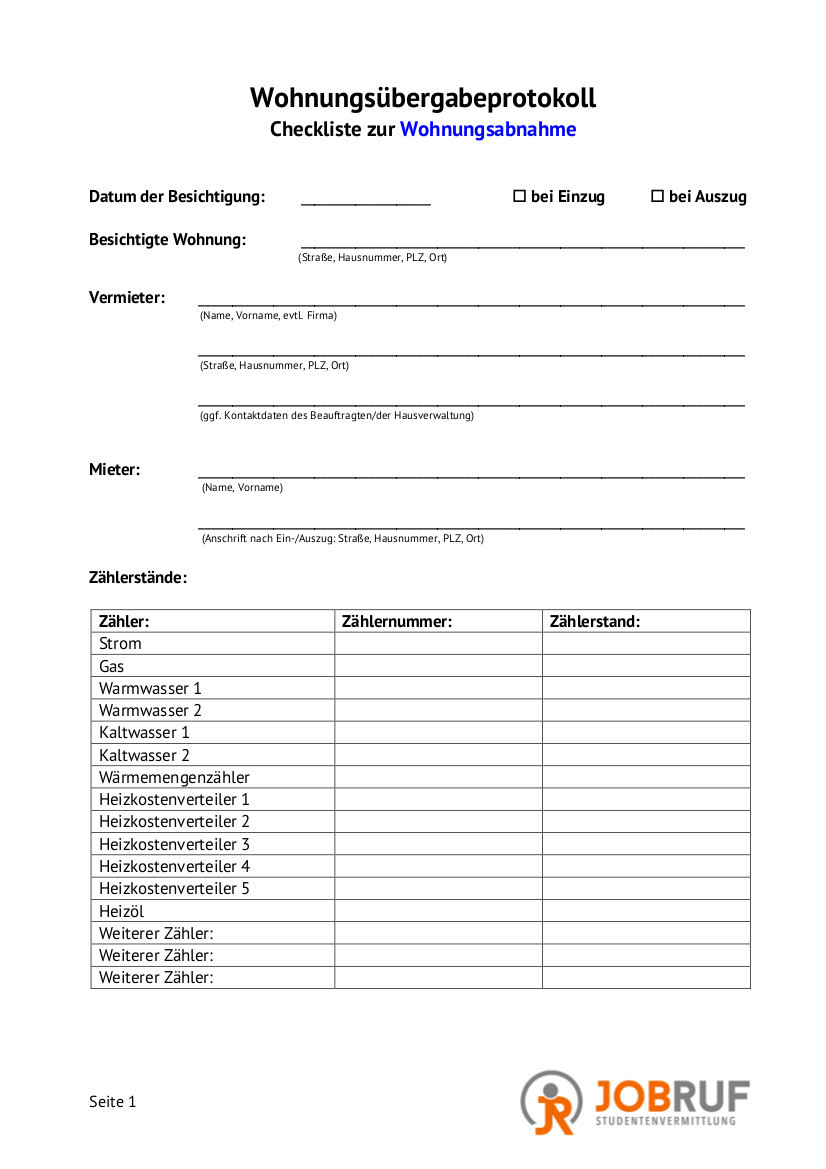 Wohnungsübergabeprotokoll Muster
 Wohnungsübergabe bei Auszug und Einzug