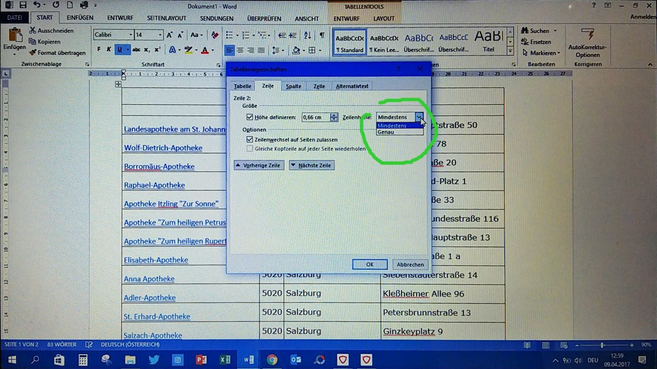 Word Tabelle Zeilenhöhe
 Word Zeilenhöhe bei einer integrierten Excel Tabelle