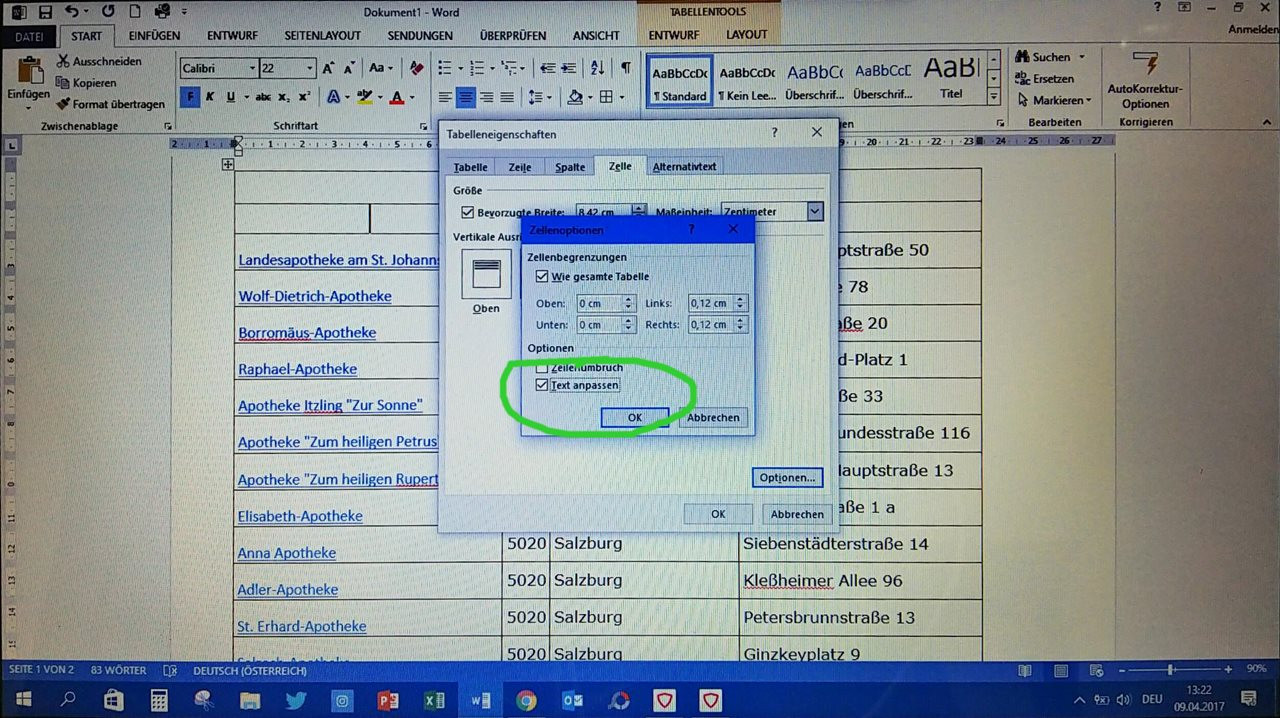 Word Tabelle Zeilenhöhe
 Word Zeilenhöhe bei einer integrierten Excel Tabelle